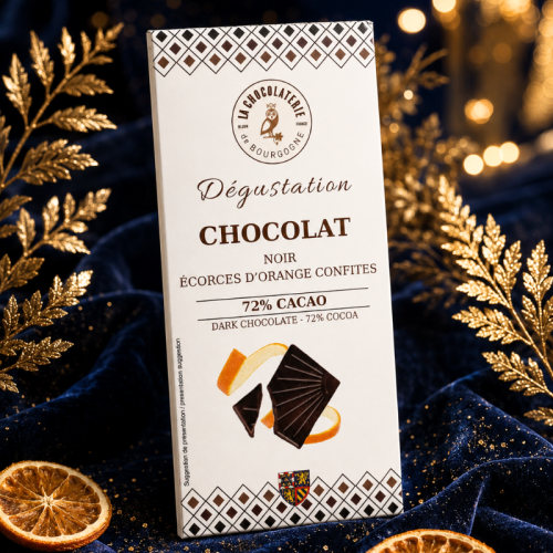 Tablette dégustation 72% & écorces d'orange confites - 100g